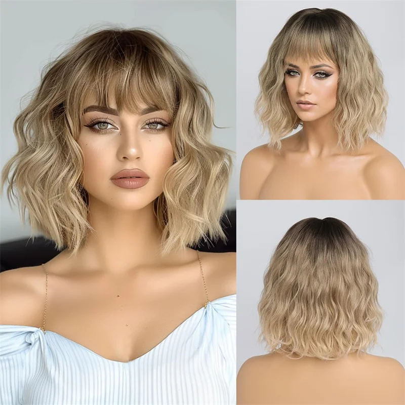 Rooted Blonde Bob Wig with Bangs Heat Resistant Fiber ombre blond Fringe Wavy Wig Synthetic Lace Front for Women Daily Use