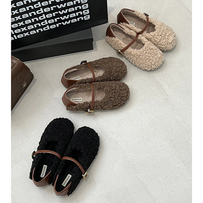 

Retro Woman Shoes Round Toe Loafers Fur Autumn Female Footwear Shallow Mouth Casual Sneaker New Fall Winter Dress Basic Solid Sl