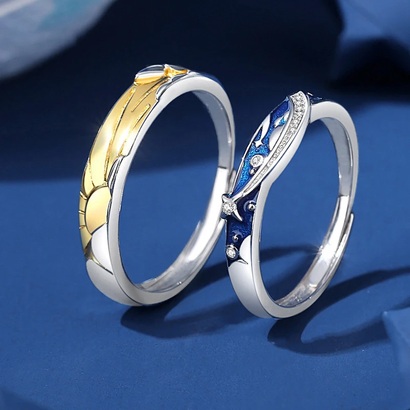 

European S925 Sterling Silver AAA CZ Sun And Stars Couple Open Ring For Women Men Birthday Wedding Valentine's Day Jewelry