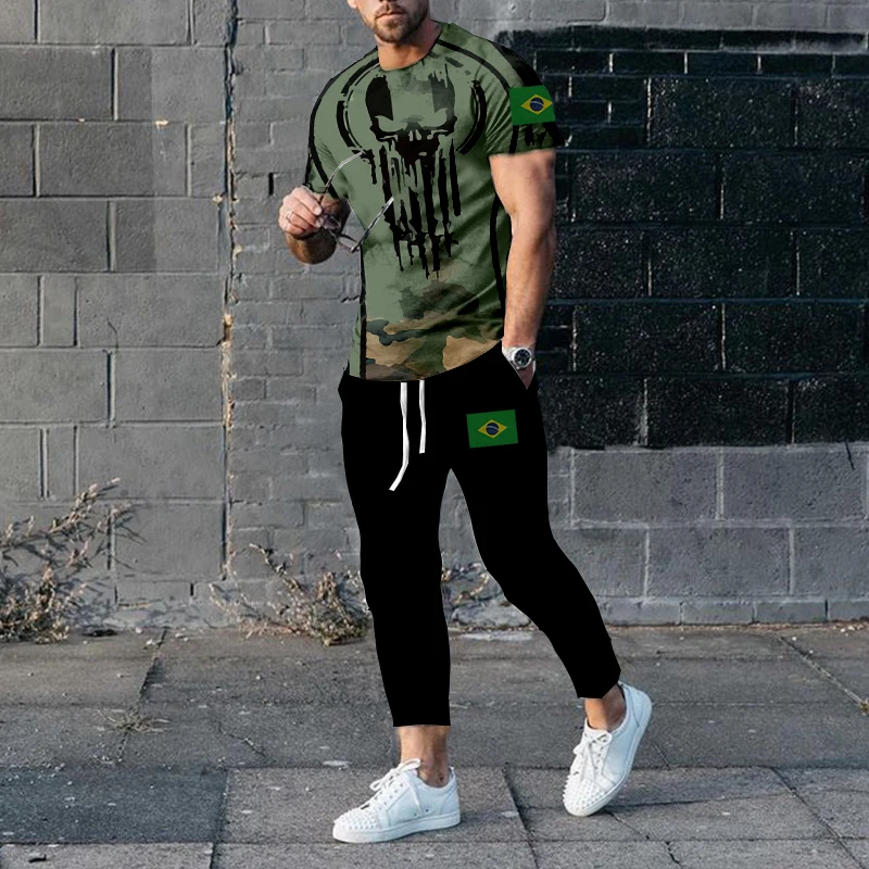 2023 Summer Brazil Men Sports Suit Fashion Short Sleeve Pants 2-Piece Jogging Street Suit Oversized T-shirt Leisure Sports Suit