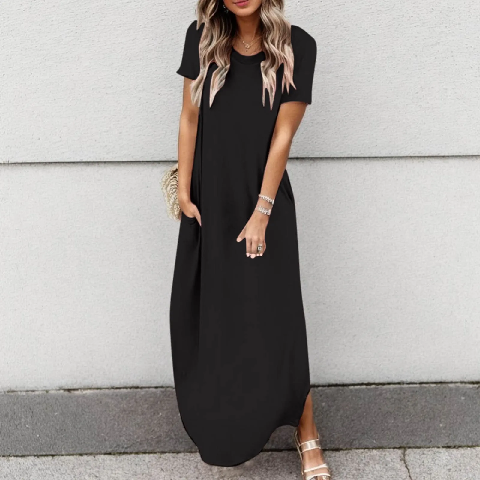 

Women Oversize Casual Fashion Dress Vintage Solid Colour Short Sleeve Dress Loose Elegant Round Neck Long Dresses With Pockets