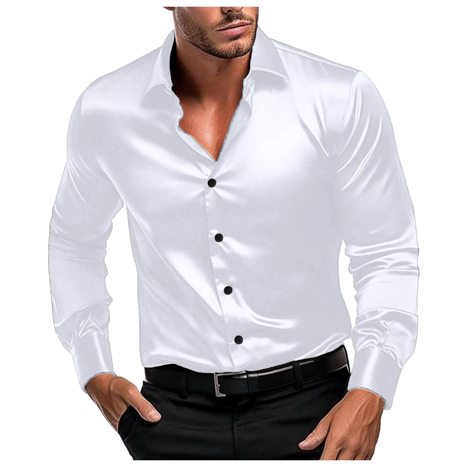 2024 New Foreign Trade Stand-up Collar Solid Color High-end Smooth Thin Casual Long-sleeved Shirt Men's Glossy Shirt
