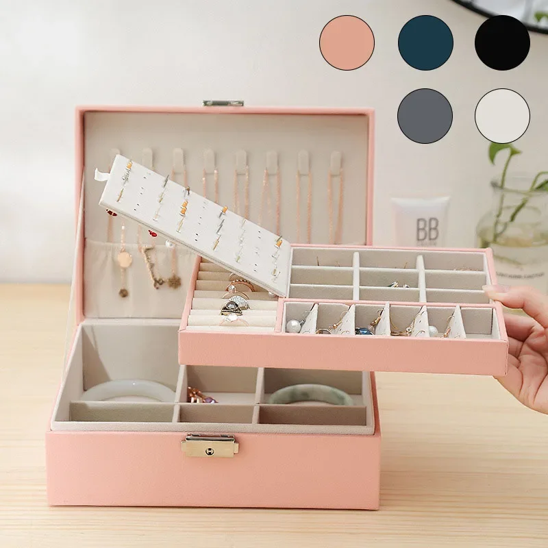 

Two-Layer Leather Jewelry Box Earrings Rings Necklace Storage Organizers with Lock Portable Flip Lid Boxes For Women Girls Gift