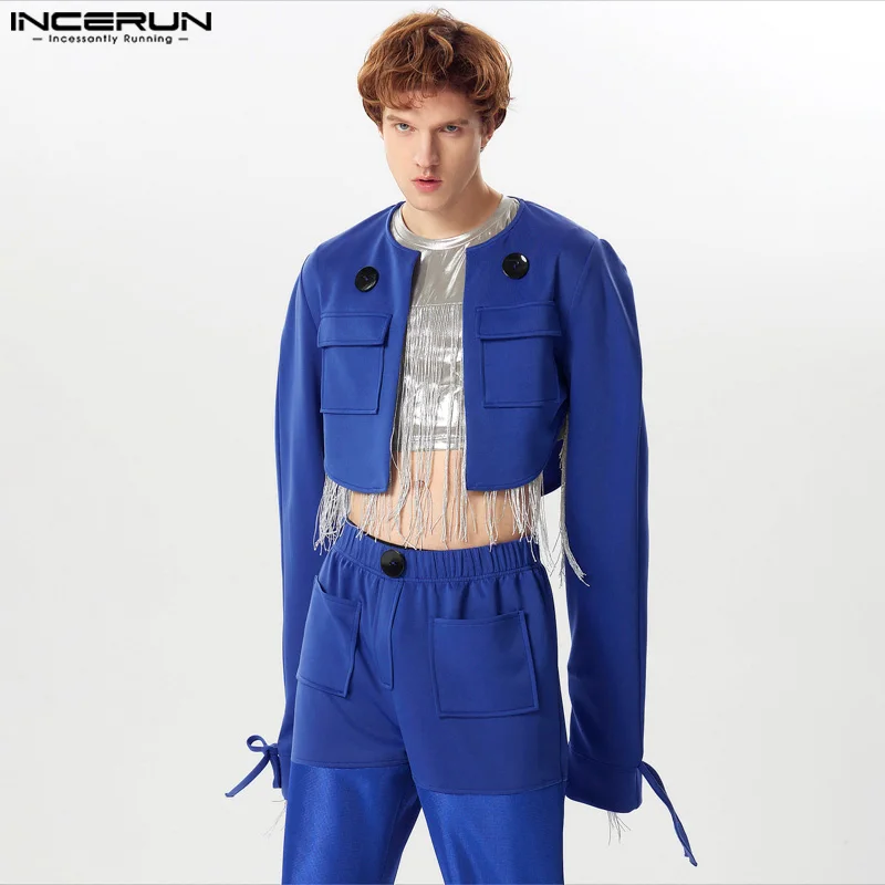 

American Style Handsome Mens Cropped Large Button Jackets Coats Casual Fashion O-neck Silhouette Jackets S-5XL INCERUN Tops 2024