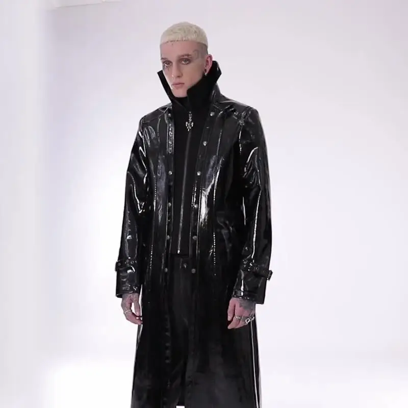 PUNK RAVE Men's Gothic Bright Patent Leather Long Coat Punk