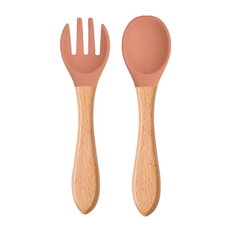2PCS/Set Baby Feeding Spoon Fork Wooden Handle Spoon Fork Set Soft Silicone Tip Spoon Fork BPA Free Food Grade Infant Toddlers