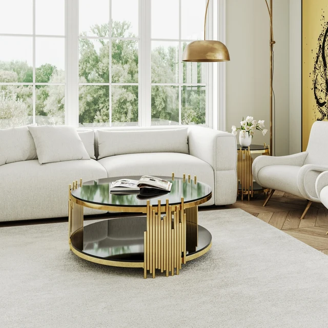 Table basse moderne en verre noir, luxe, ronde, double plateau en verre avec base en acier doré pour salon, bureau à domicile 1