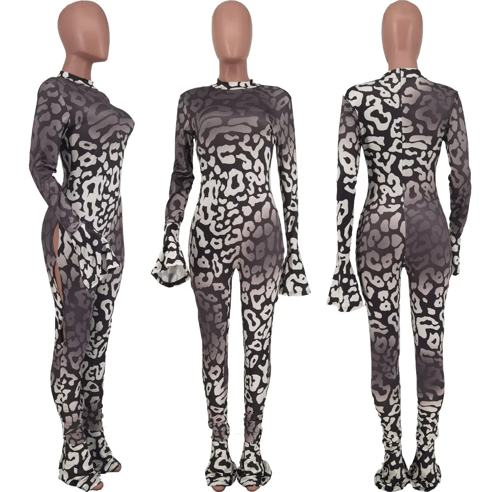 BKLD New Women Clothing Long Pants One Pieces Fashion Leopard Printed Sexy Hollow Out Long Sleeve Jumpsuit Party Clubwear