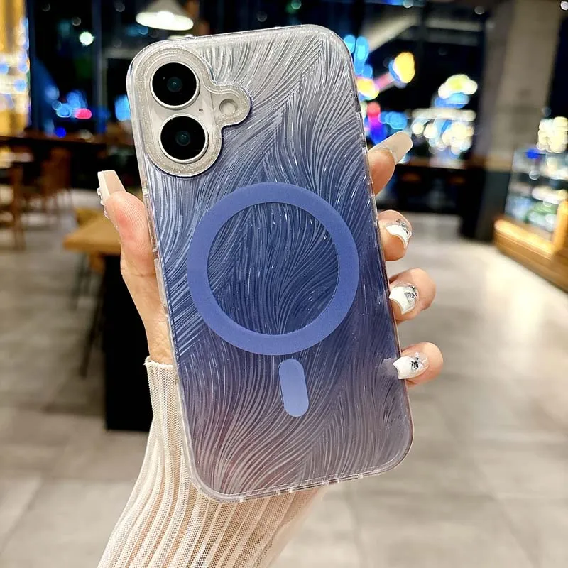 Coque de téléphone de luxe à dégradé laser avec plumes et diamants pour iPhone 16 15 14 13 Pro Max 16pro Glitter Magnetic Cover_voghion.com
