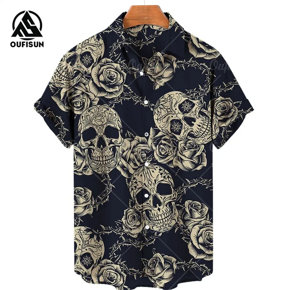 Summer Fashion Men's Short Sleeve Casual Printed Shirt Flowers Horror Skull Print Vacation Travel Oversized Top Size S-5XL 2