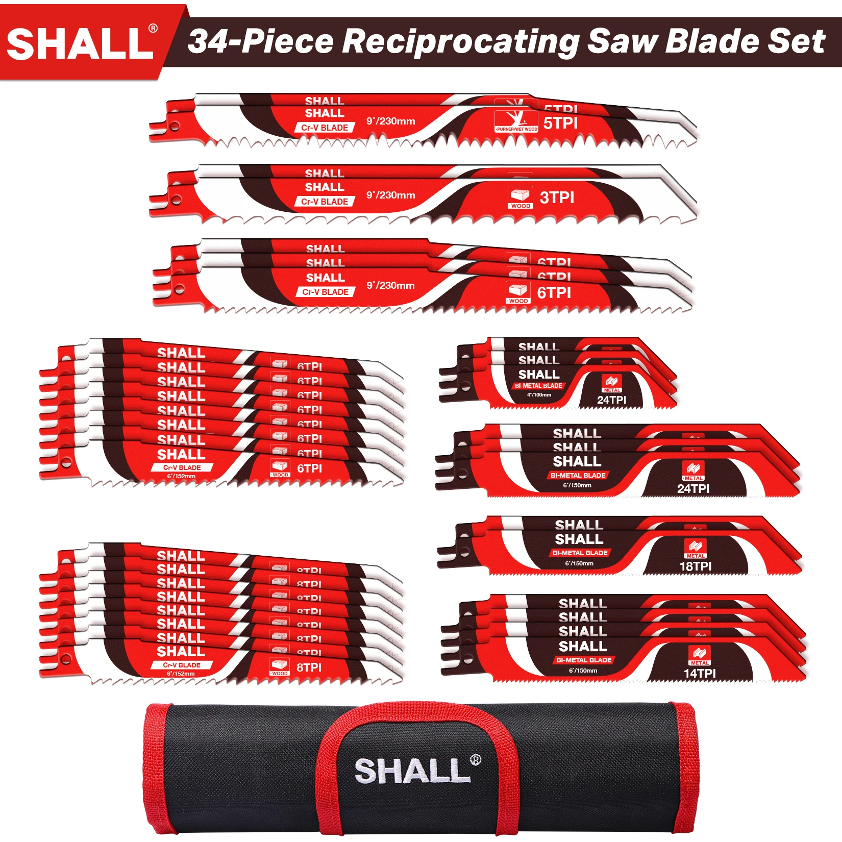 

SHALL 34 PCS Reciprocating Saw Blade Set with Pouch for Wood Metal Cutting Saw Blades Reciprocating Saw Blade Set