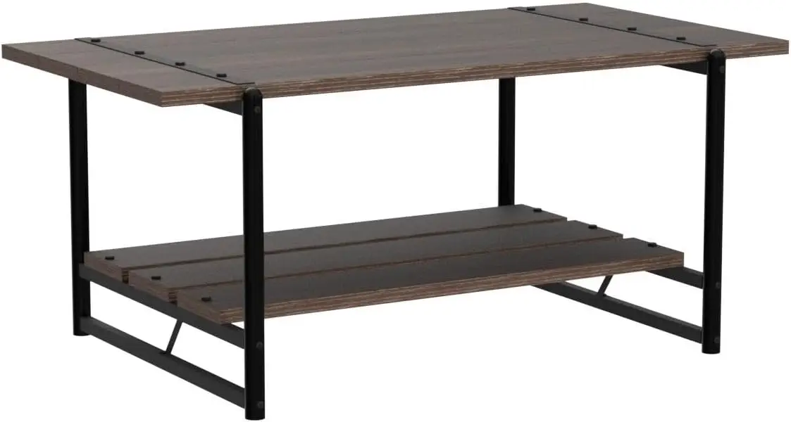 2-Tier Farmhouse 41'' Large Gray Wood Coffee Table with Storage Shelf -Modern Rustic Metal Rectangle Center Living Room