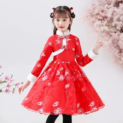 Ano novo meninas vestido de princesa vermelho manga longa velo ou algodão primavera inverno chinês trajes do vintage hanfu cheongsam frocks