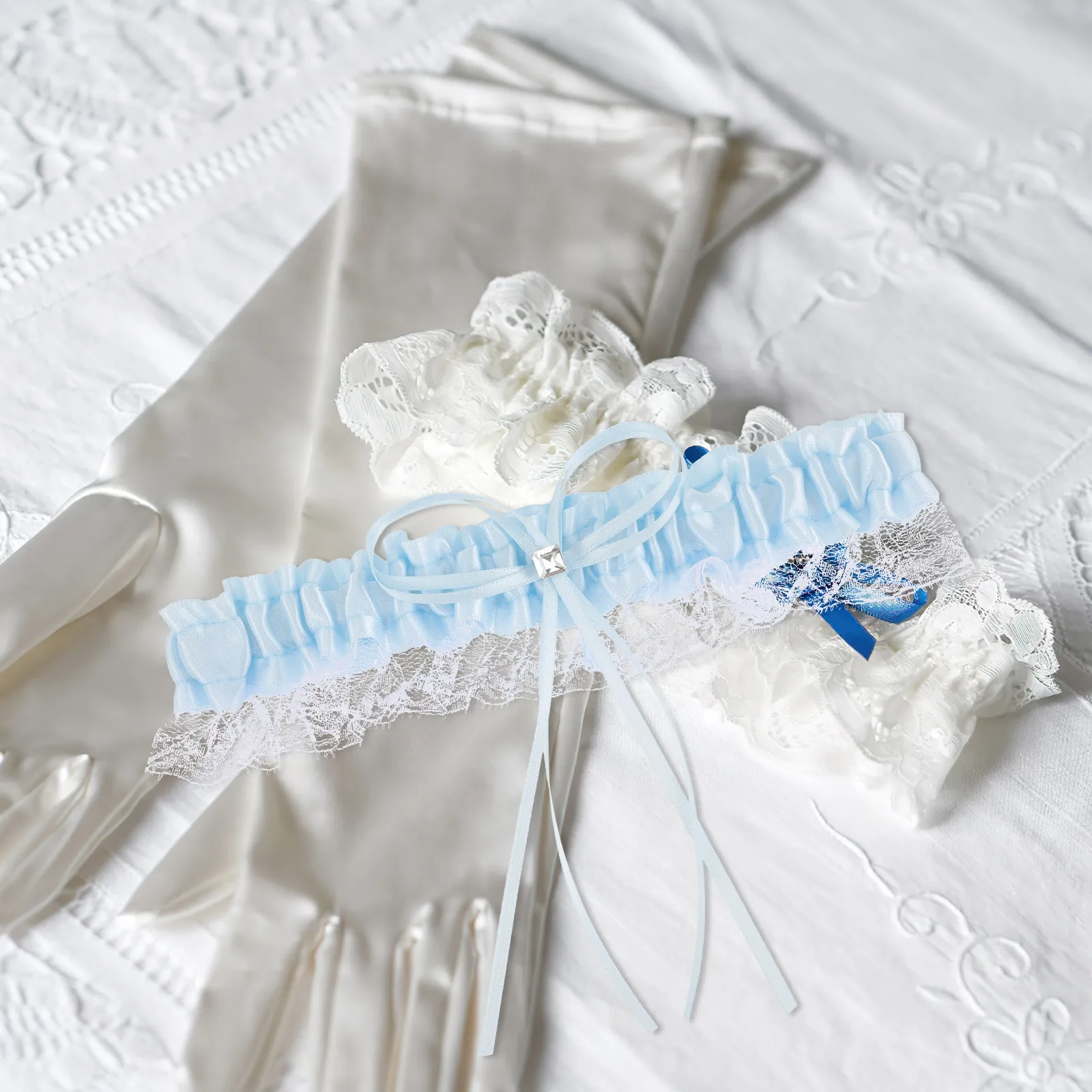 Giarrettiera da Sposa Blu con Fiocco in Pizzo, Fascia per Coscia Sexy, Accessorio Elegante per il Giorno del Matrimonio, Simbolo di Purezza, Abbinabile a Tutto - immagine 5
