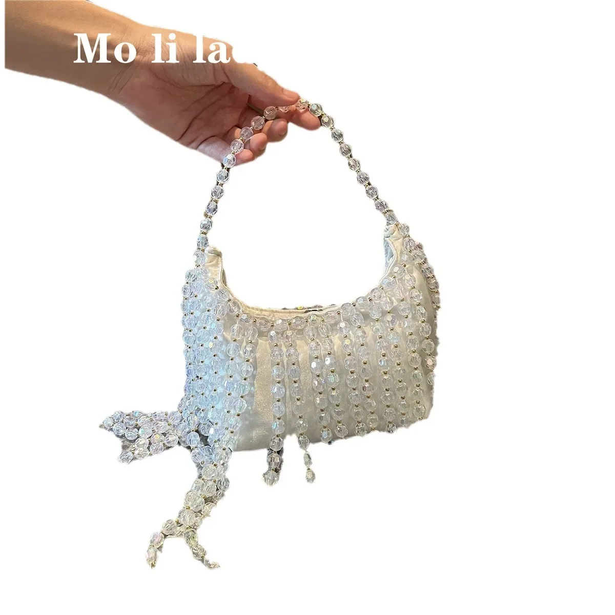 Retro Handbag Fairy Popular Woven Beaded Bucket Bag Crossbody  Summer Niche Design Hollowed Out Pearl Women Bag