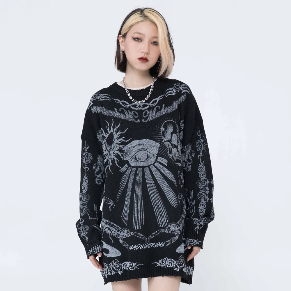 Skulls Print Oversized Sweater Frayed Goth Women Men Clothes Y2k Sweaters Knitted Pullovers Streetwear Harajuku Long Sleeve Tops | Мужская