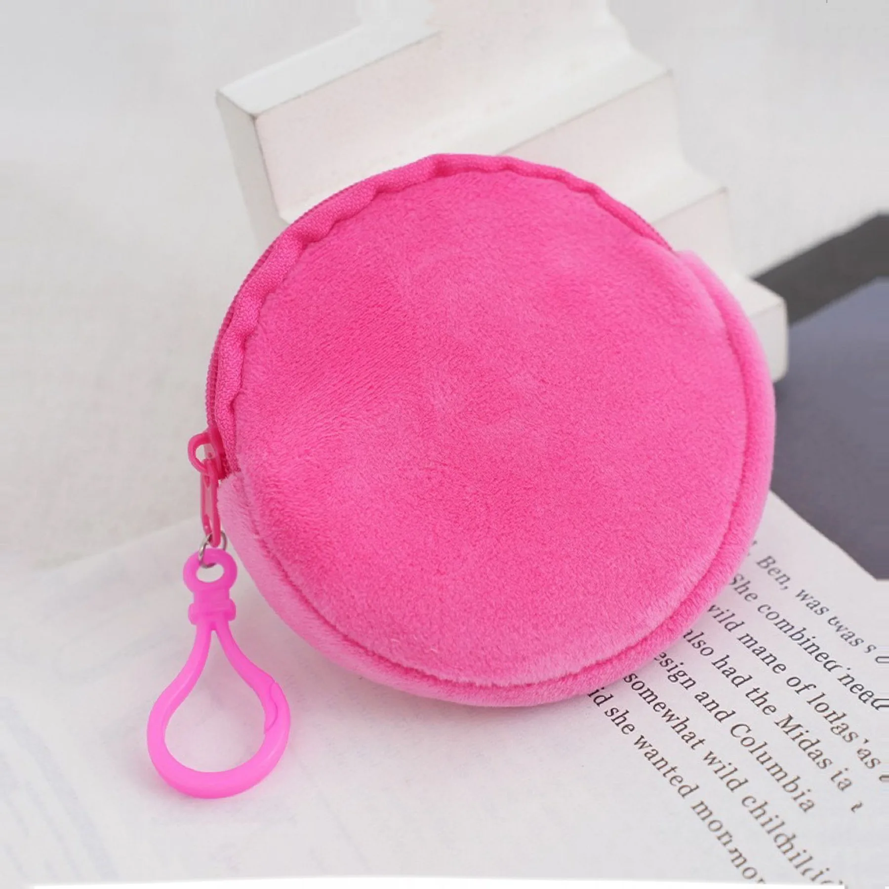 Fashionable Soft Plush Round Coin Purse with Carabiner Clip