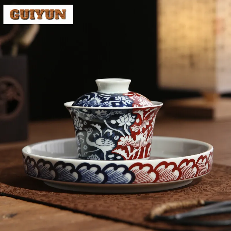 110ml Jingdezhen Blue and White Porcelain Egret Lotus Gaiwan Antique Tea Tureen Household Tea Making Cover Bowl Drinkware Craft