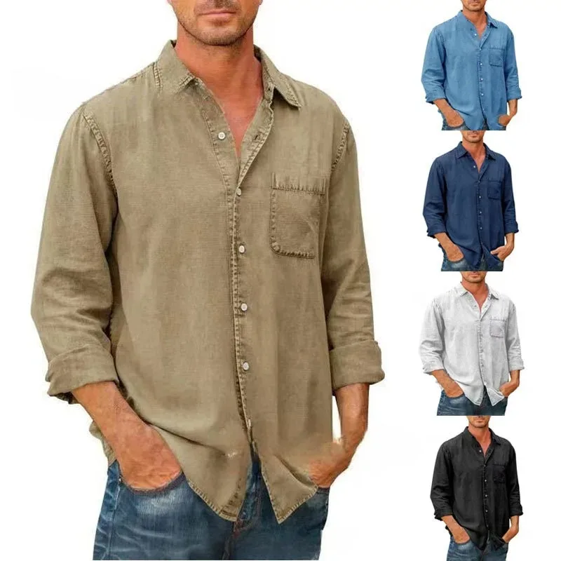 

Men Shirts Cotton Denim Long Sleeve Casual Solid Color Laple Shirt Mens Spring Autumn Fashion Vintage Jeans Shirt Tops S-5XL
