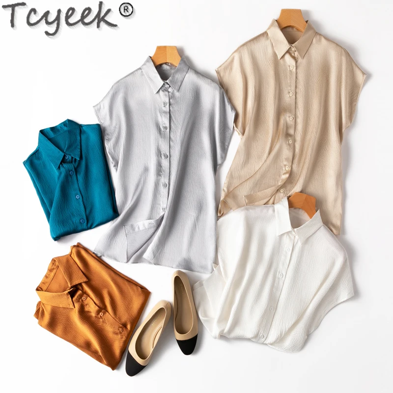 

Tcyeek 20Mm Real Silk Shirt Fashion Short Sleeve Top Female Summer 100% Mulberry Silk Tops Elegant Shirts for Women Clothing