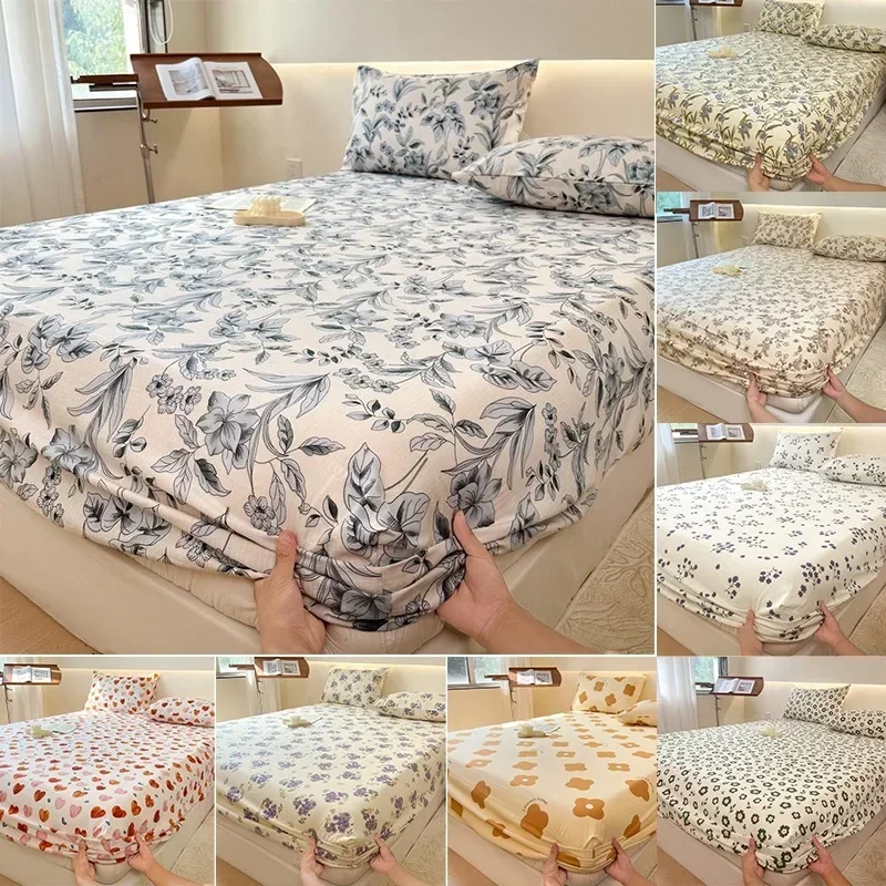 Bed Sheet with Elastic Washed Cotton Blue Flower Printed Fitted Sheet Single/Queen/King Mattress Cover for Double Beds