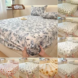 Bed Sheet with Elastic Washed Cotton Blue Flower Printed Fitted Sheet Single/Queen/King Mattress Cover for Double Beds
