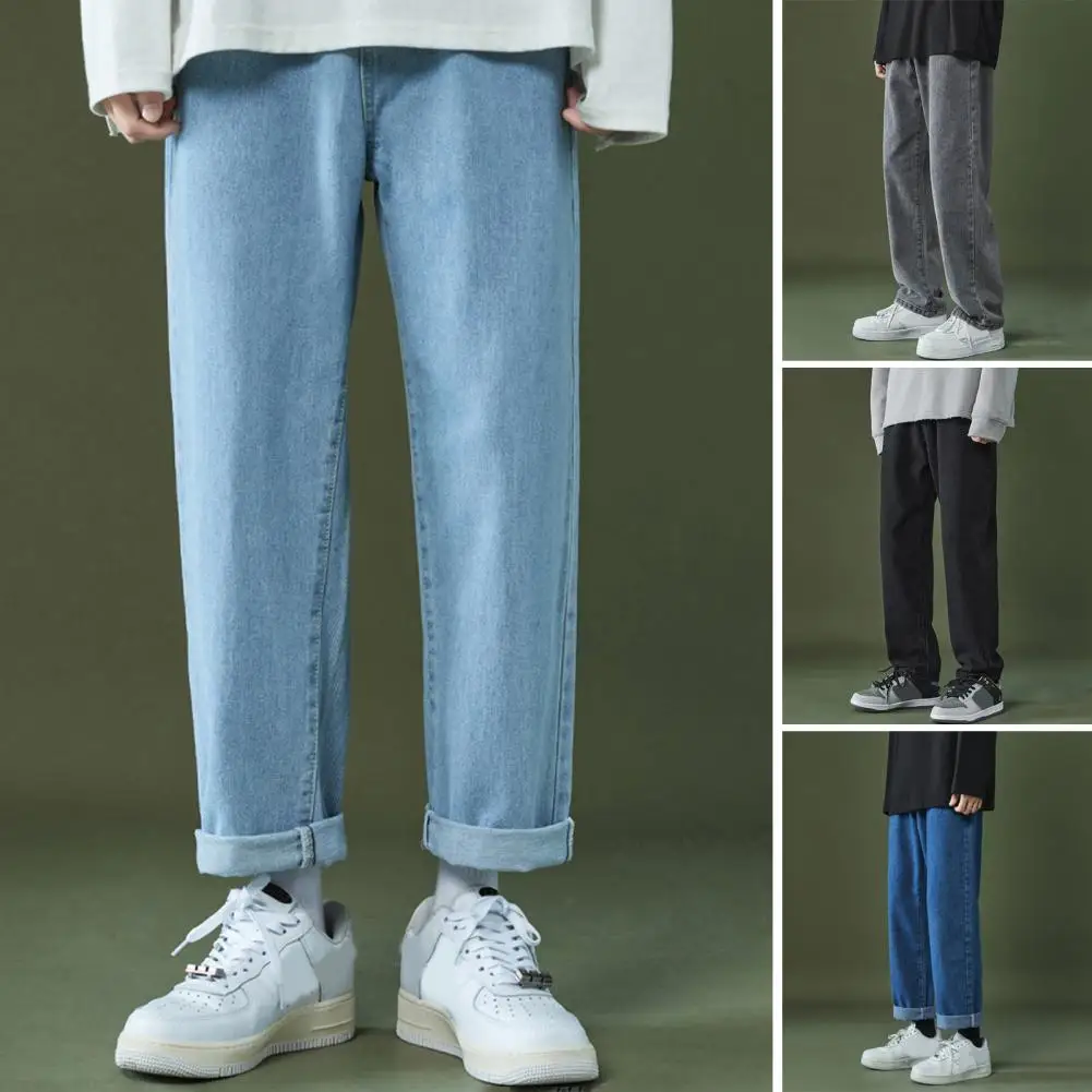 

Men Jeans Zipper Fly Solid Color Straight Streetwear Spring Autumn Loose Fit Wide Leg Hip Hop Baggy Denim Trousers for Travel