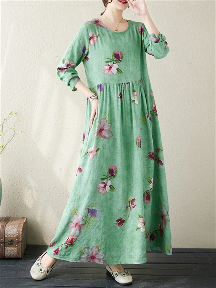 2024 New Spring Summer Cotton Vintage Long Sleeve Print Dresses For Women Casual Loose Dress Femme Robe Vestidos Fashion Clothes