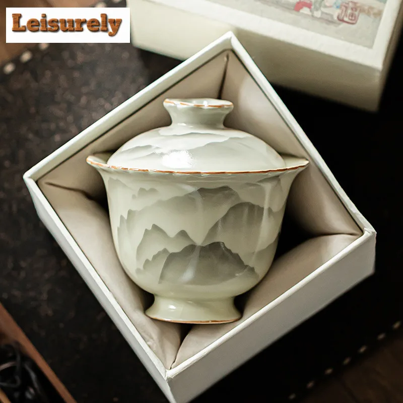 160ml Ru Kiln Ceramic Gaiwan Elegant Mountain Landscape Flower Mourh Tea Tureen Household Tea Maker Cover Bowl Cha Ornaments