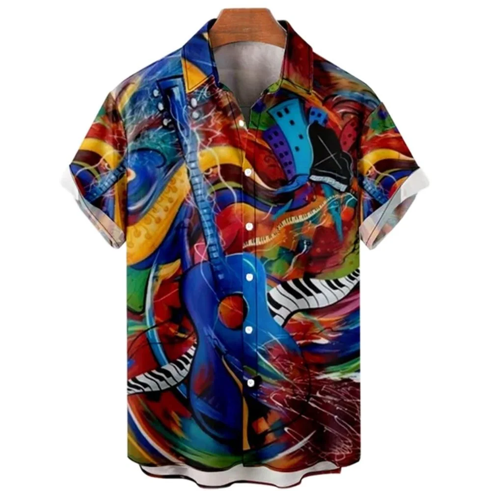 

Music Guitar Print Shirts For Men Rock Hip Hop Tops Male Clothing Short Sleeve V-Neck Beach Ahloa Shirts Camisa Social Masculina
