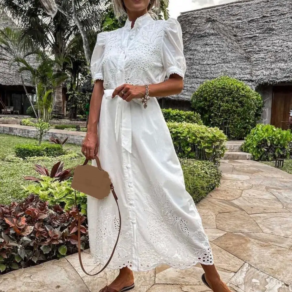 

Embroidery Summer Women Dress Hollow Out Single Breasted Lace-up Maxi Dress Beachwear vestidos de verano mujer evening dresses