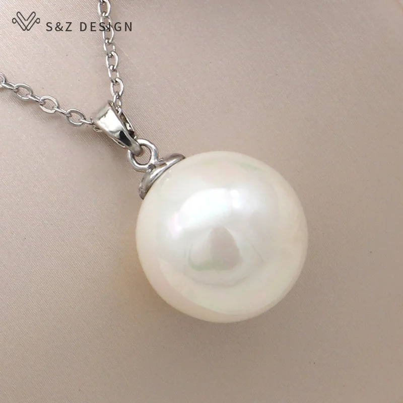 S&Z DESIGN New Fashion 585 Rose Gold Color Round Simulated-pearl Pendant Necklace For Women Wedding Party Jewelry Fine Gift