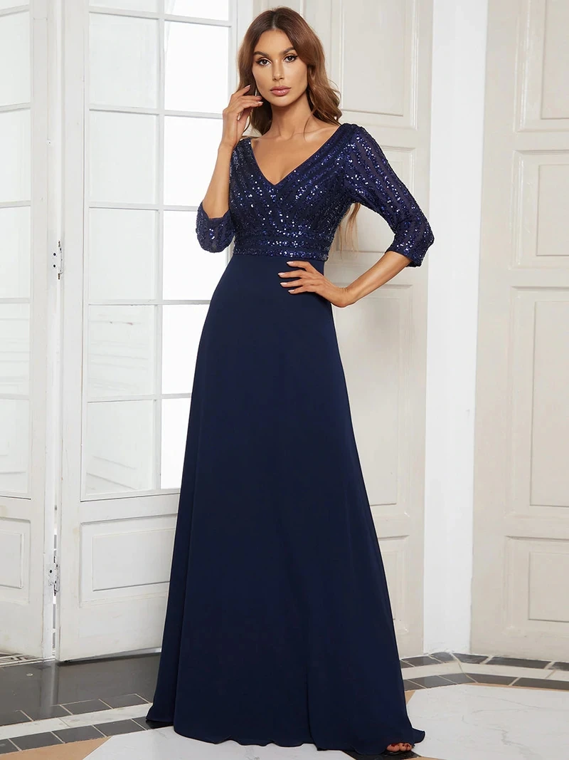 Elegant Evening Dresses Long V Neck Three Quarter Sleeve A-Line Gown 2024 Ever Pretty of Sequin Chiffon Simple Prom Women Dress