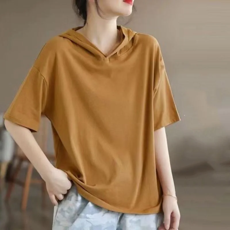 여성용 오버사이즈 풀오버 후드티, 단색, 심플, 캐주얼 패션, 다목적, 루즈, 반팔, 한국 에디션, 2024 여름