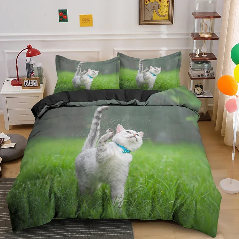 Super süßes Kätzchen-Kinderbettwäsche-Set, Kawaii-Mädchen-Steppdecke, King-Size-Bett, niedliches Katzentier, 3-teilig, Polyester-Bettbezug (kein Blatt) – Detail 21