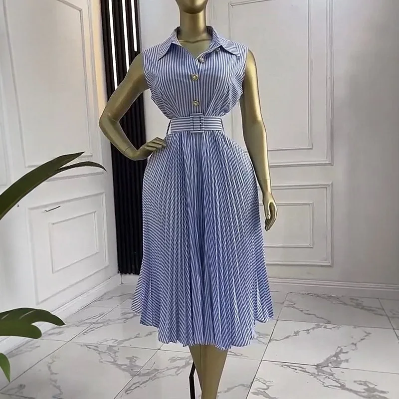 Elegantes Damenkleid mit Streifenmuster, Ärmellos, Korsett-Oberteil, Midi-Länge, Gürtel an der Taille, Plissiertes Kleid 2026 Neue Frühlingskollektion für Party, Büro und Freizeit