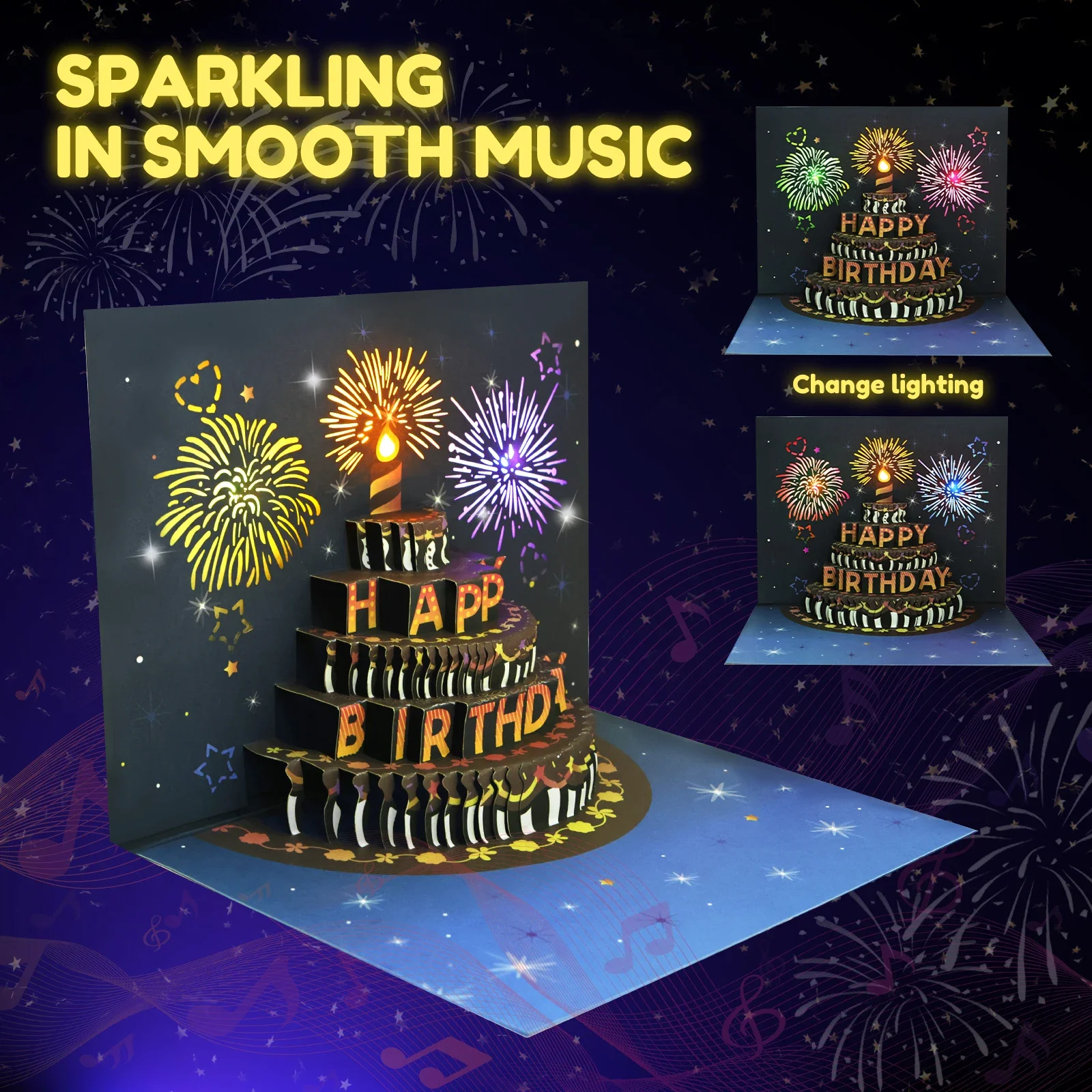 Birthday Cards Lights and Sound Pop up 3D Pop up with Envelope Happy Birthday Card Fireworks Greeting Cards
