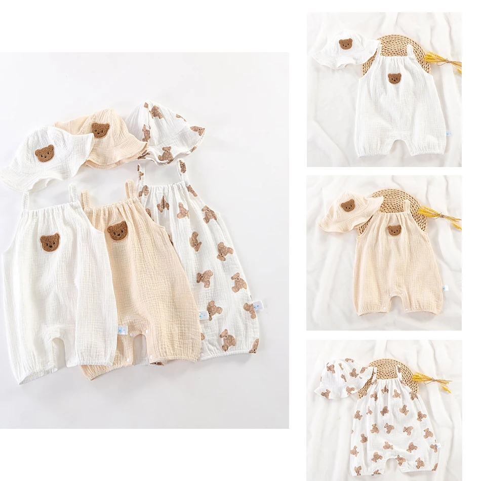 

Toddler Pajamas Children One-Piece Kids Birthday Bear Sleeper Newborn Summer Casual Jumpsuit Straps Muslin Romper with Hat 3-24M