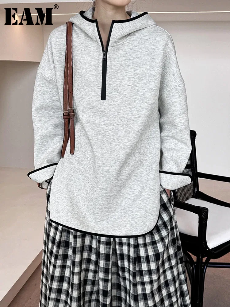 

[EAM] Gray Color-block Casual Slit Sweatshirt New Hooded Long Sleeve Women Big Size Fashion Tide Spring Autumn 2023 1DH5179