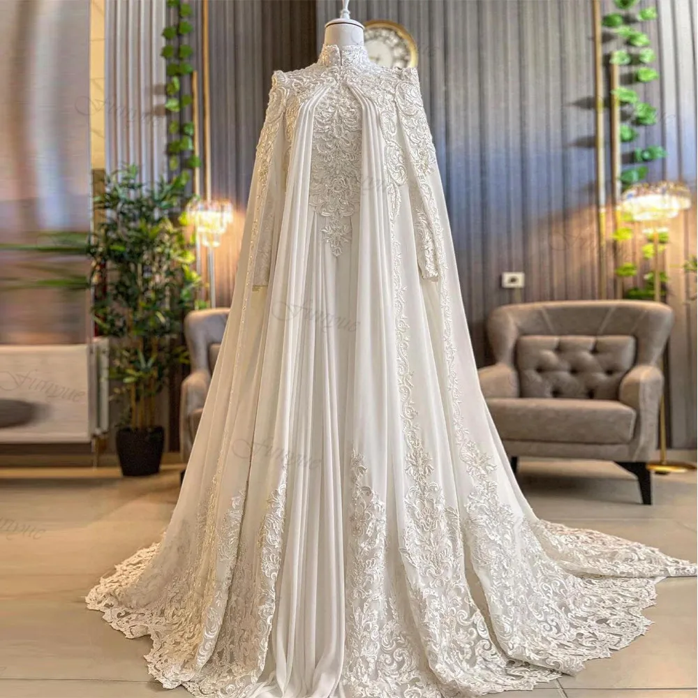 

Arabic Dubai Long Sleeve Muslim Wedding Dress with Cape High Neck Islamic Bridal Gowns Chiffon Appliques Robe De Mariée