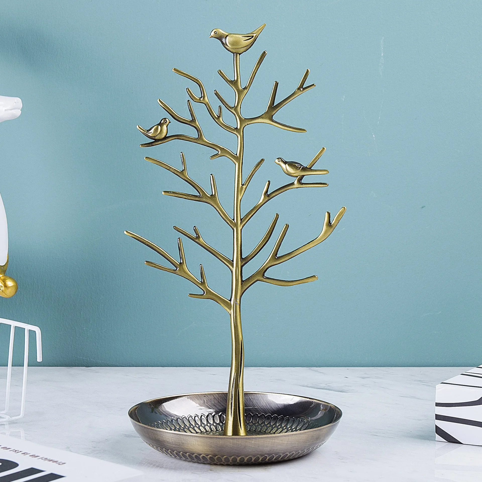 Colorsheng Albero Portagioelli Con Uccellini: Espositore Per Orecchini, Collane E Anelli – 30 Cm, Argento Antico - 2