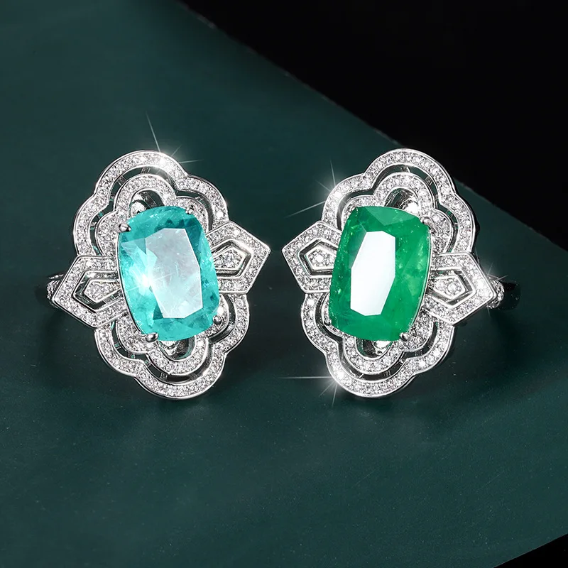 Ruzzallati Lusso Argento Colore Tormalina Paraiba Anello Nuziale Cuscino Intarsiato Fidanzamento Vintage Gioielli Da Sposa