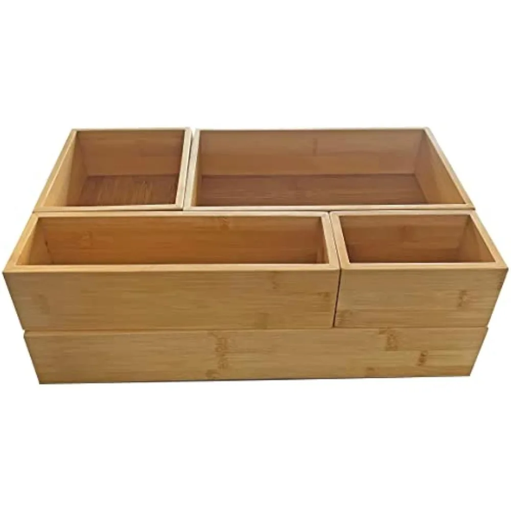 Bamboo Junk Drawer Organizer and 6 Storage Box Dividers Set, 8