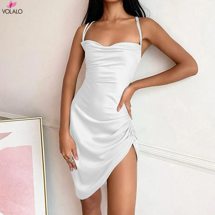 

VOLALO Ruched Satin Summer Dress Drawstring Spaghetti Straps Cowl Neck Backless Long Dresses for Women Party Sexy Vestidos 2024