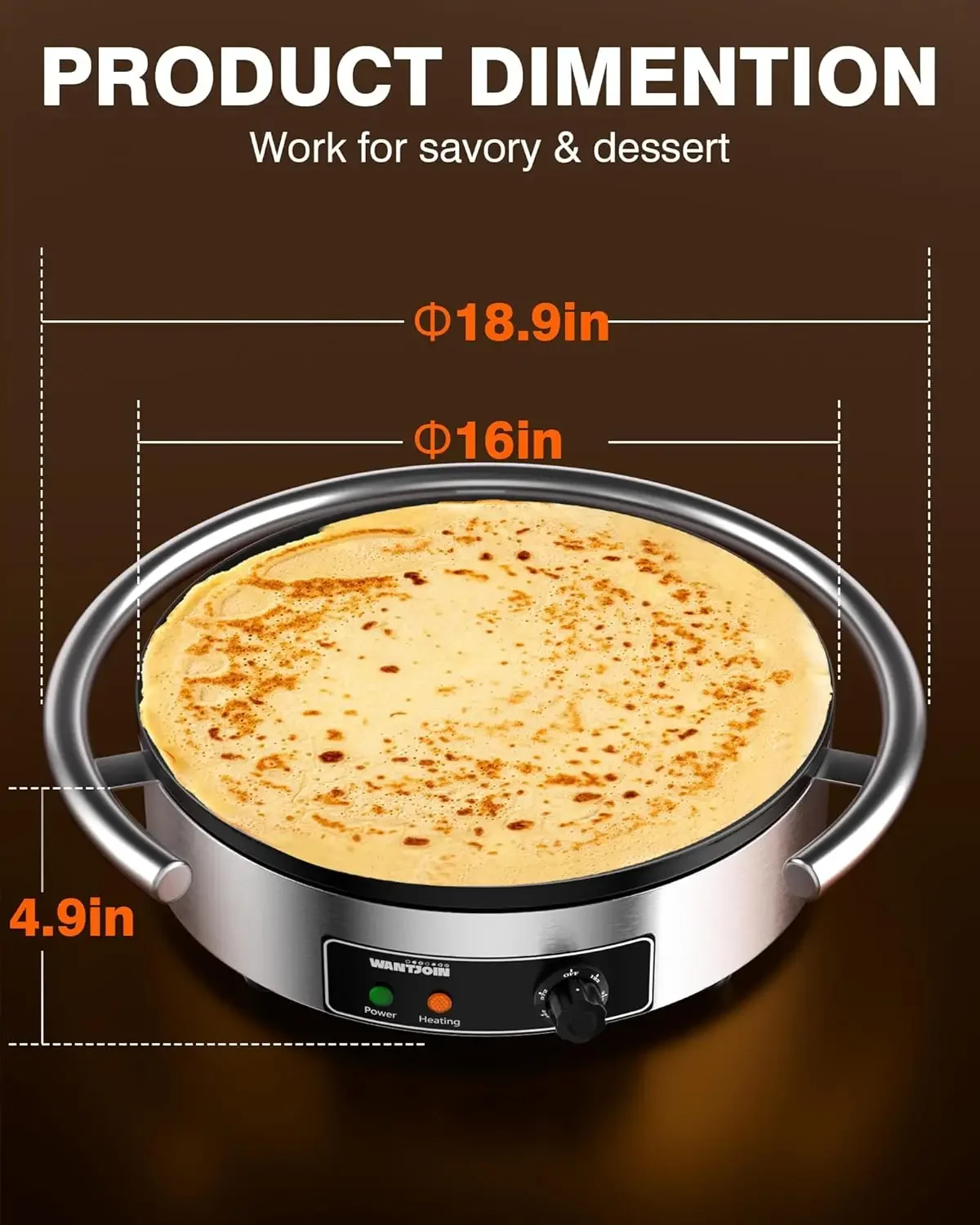 Commercial Electric Crepe Maker 16 Inch 110V Non-Stick 1700W Electric Crepe Machine Adjustable Temperature Control 403 Stainless 6