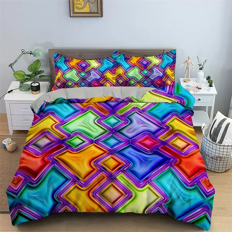 Abstract Geometric Duvet Cover Microfiber Queen Bedding Set For Boys Girls Room Rainbow Plaid Print Quilt Cover With Pillowcase 5