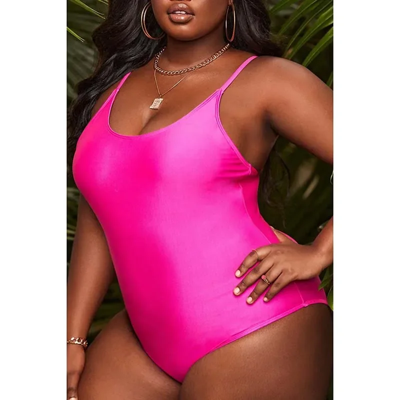 

Plus Size Women's Pink Solid Color Suspender Summer Sexy One-Piece Swimsuit купальник 2022 новинка