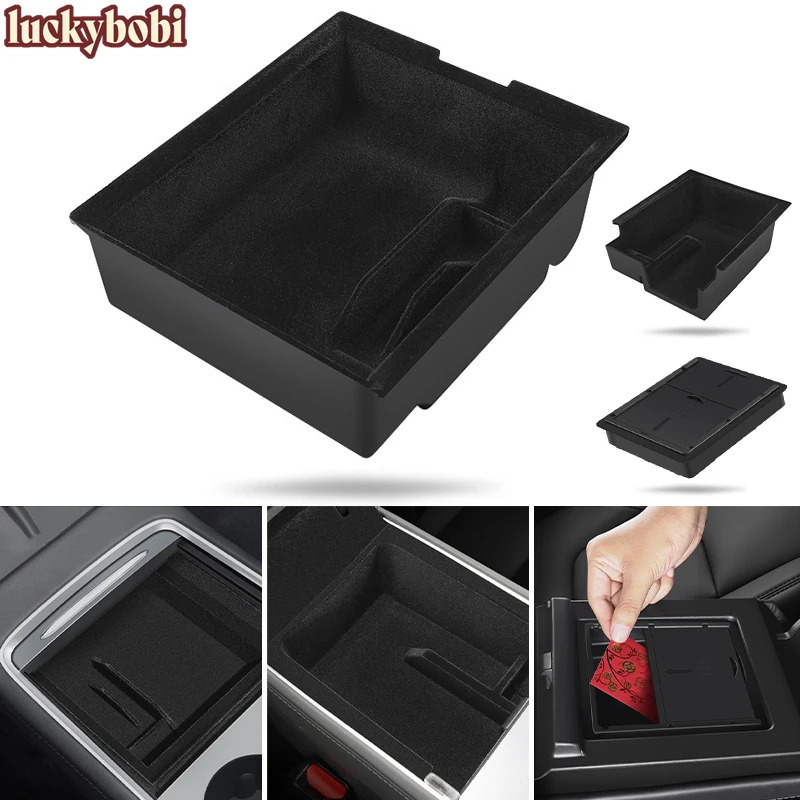 

For 2021 2022 Tesla Model 3 Model Y Storage Box Interior Accessories Flocked Center Console Organizer Armrest Hidden Storage Box