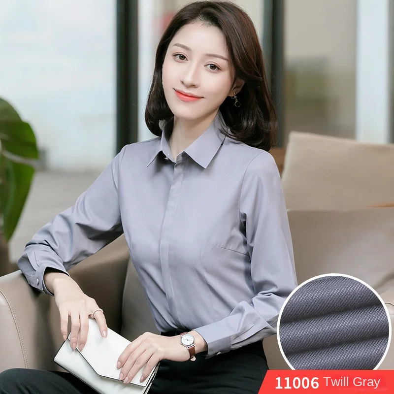 여성용 스탠드 칼라 긴팔 전문 작업복, OL 통근 JK 인치 셔츠