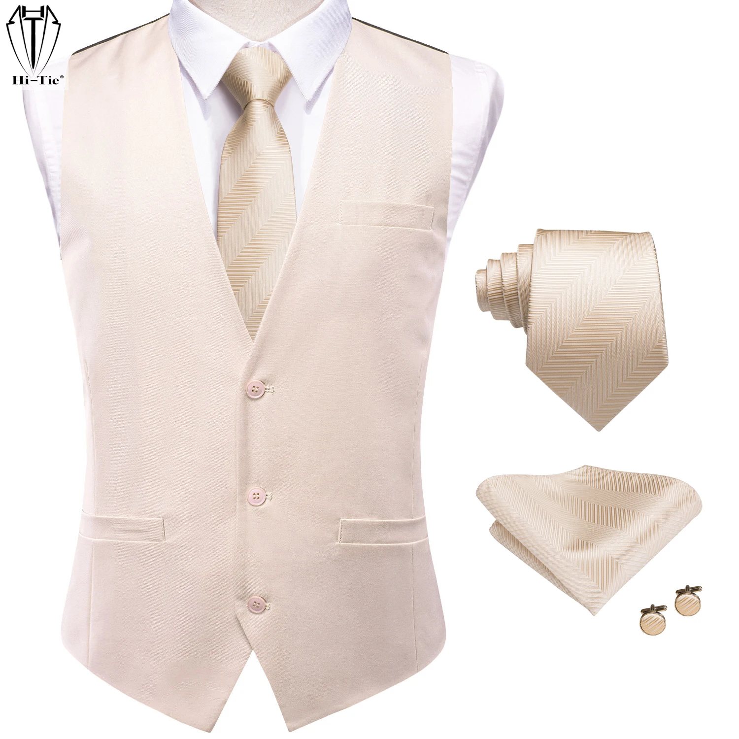 Hi-Tie Beige Viscose Mens Vest with Tie Hankerchief Cufflinks Set Jacquard Waistcoat Sleeveless Jacket for Wedding Business Gift